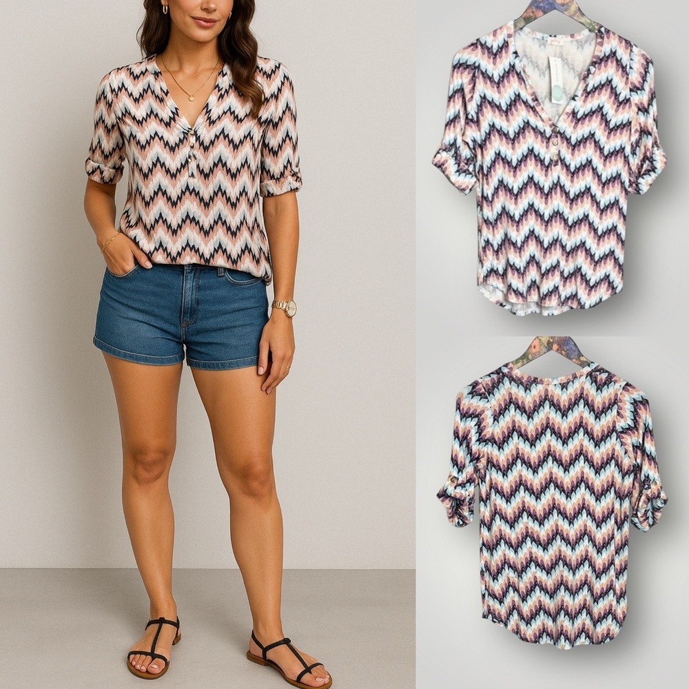 Pixley Stitch Fix Edmond Henley Top Size Small V Neck Chevron Jersey Stretch